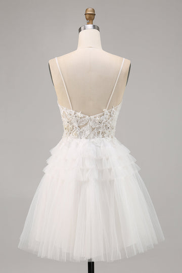 White Tulle A Line Short Prom Dress with Appliques
